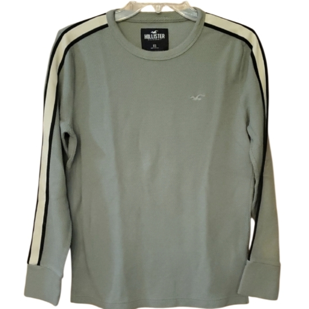 Hollister Men's XS Gray Green‎ Long Sleeve Textured Shirt Cream & Navy Stripe